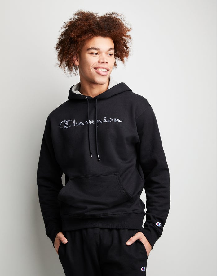 Champion Mens Hoodie NZ - Powerblend Fleece Chasing Waves Black ( 4921-GNEHL )